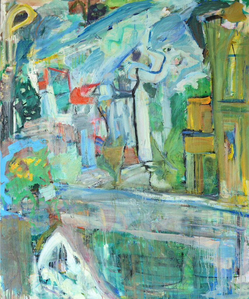 Tamyo Leonard, Terrassenausblick, 2022, 1,80 x 1,50 m , Öl auf Leinwand